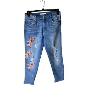 Zara Trafaluc Jeans Womens Size 6 Embroidered Floral Distressed Blue Denim